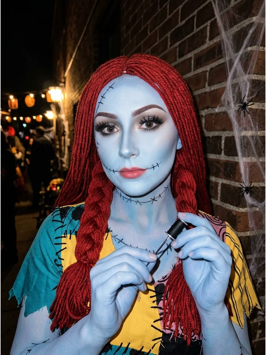 A glamorous version of Sally makeup with dramatic lashes and blue skin.