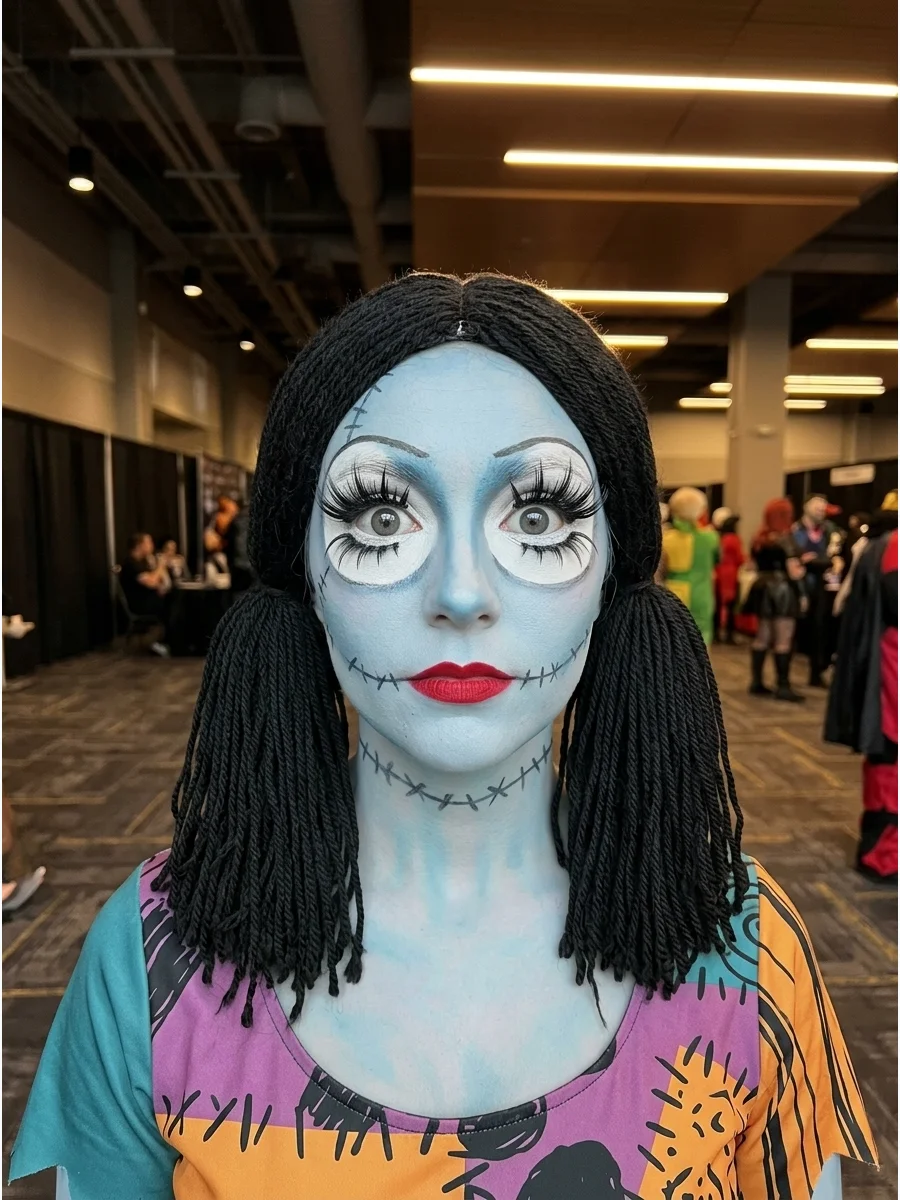 Costume makeup showing oversized white eyes on a blue face.