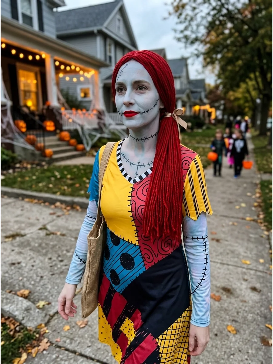 Simple Sally makeup with light blue tint and red lipstick.