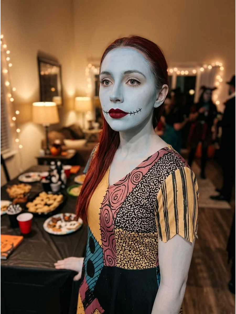 Sally costume makeup highlighting bold red lips and blue skin.