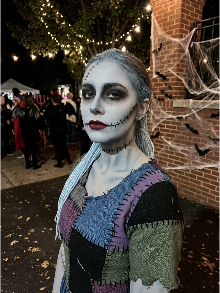 Gothic style Sally makeup with dark shadows and burgundy lips.