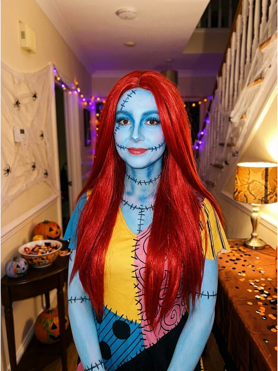 A person wearing a long red wig and blue Sally makeup.