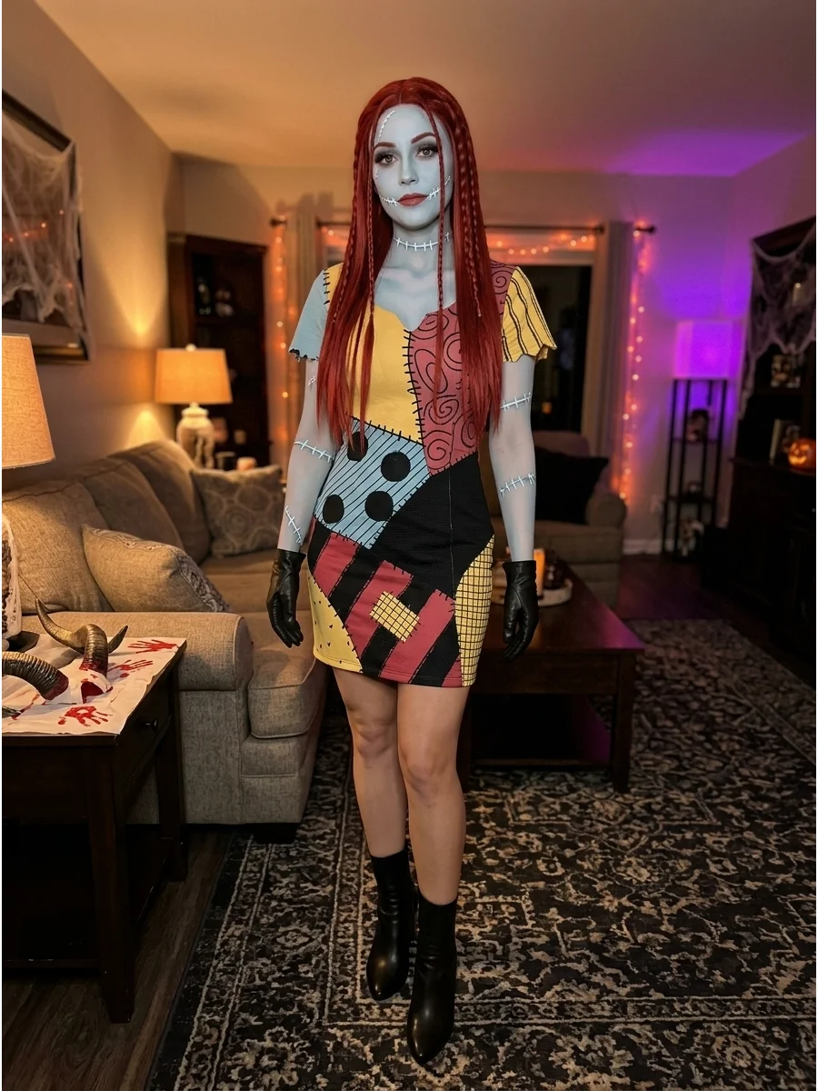 A person in a sleek patchwork dress and heeled boots for a glam Sally costume.