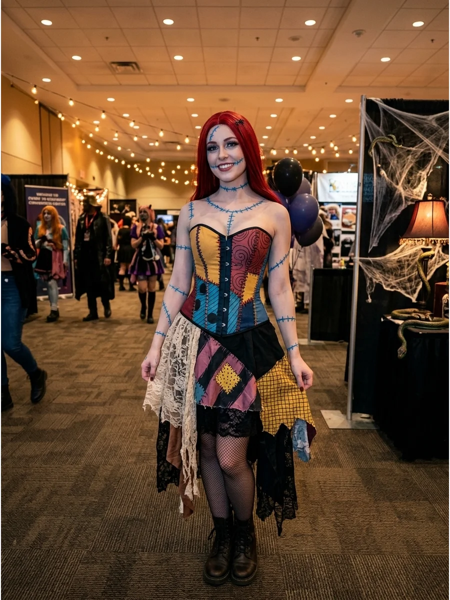 A cosplayer in a patchwork corset and layered skirt for a modern Sally look.