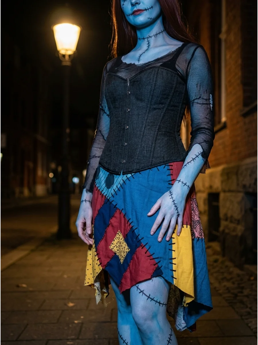 A person in an asymmetrical patchwork skirt and dark corset under a streetlamp.