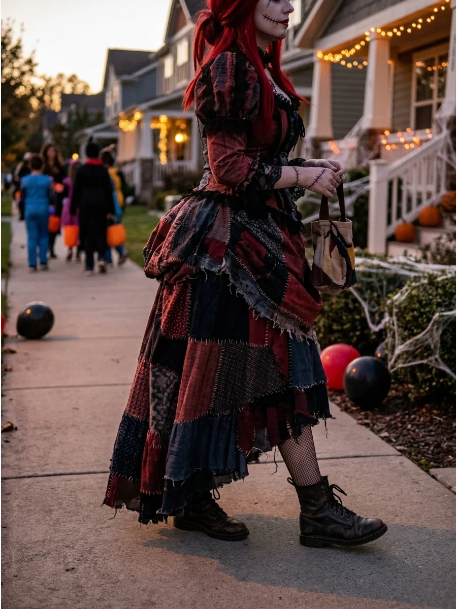 A person in a long Victorian-inspired Sally gown walking on a sidewalk.