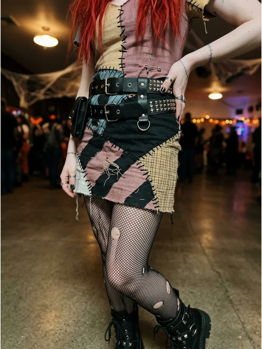A person in a punk Sally costume with a studded belt and fishnet stockings.