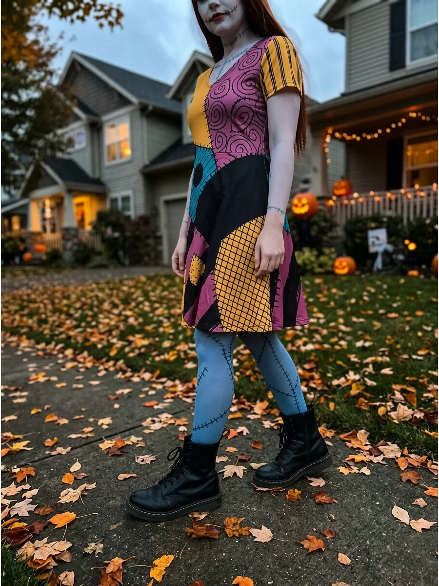 A person in a patchwork dress and combat boots walking on a suburban street.