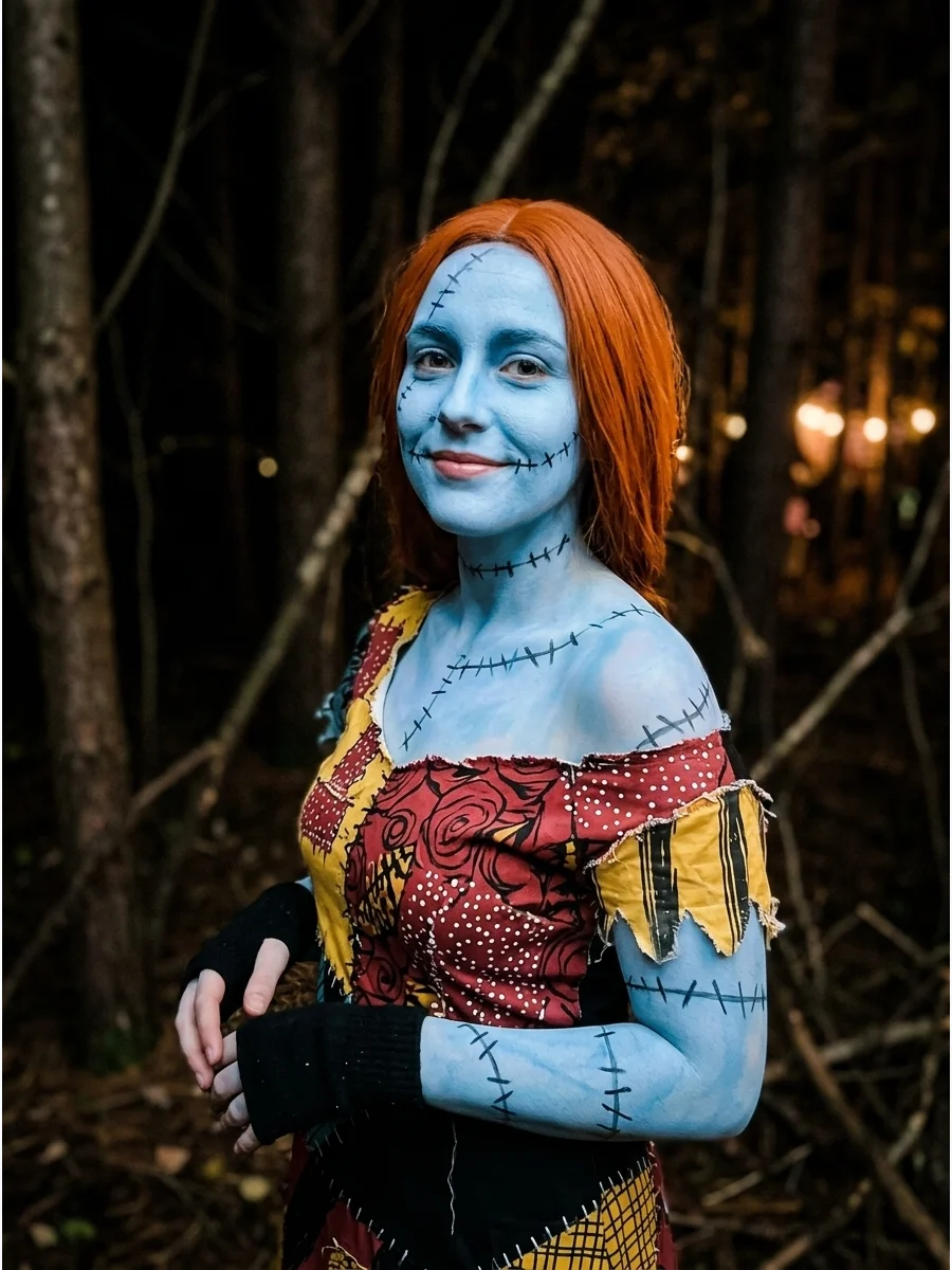 A person wearing full blue body makeup and stitches for a Sally costume.
