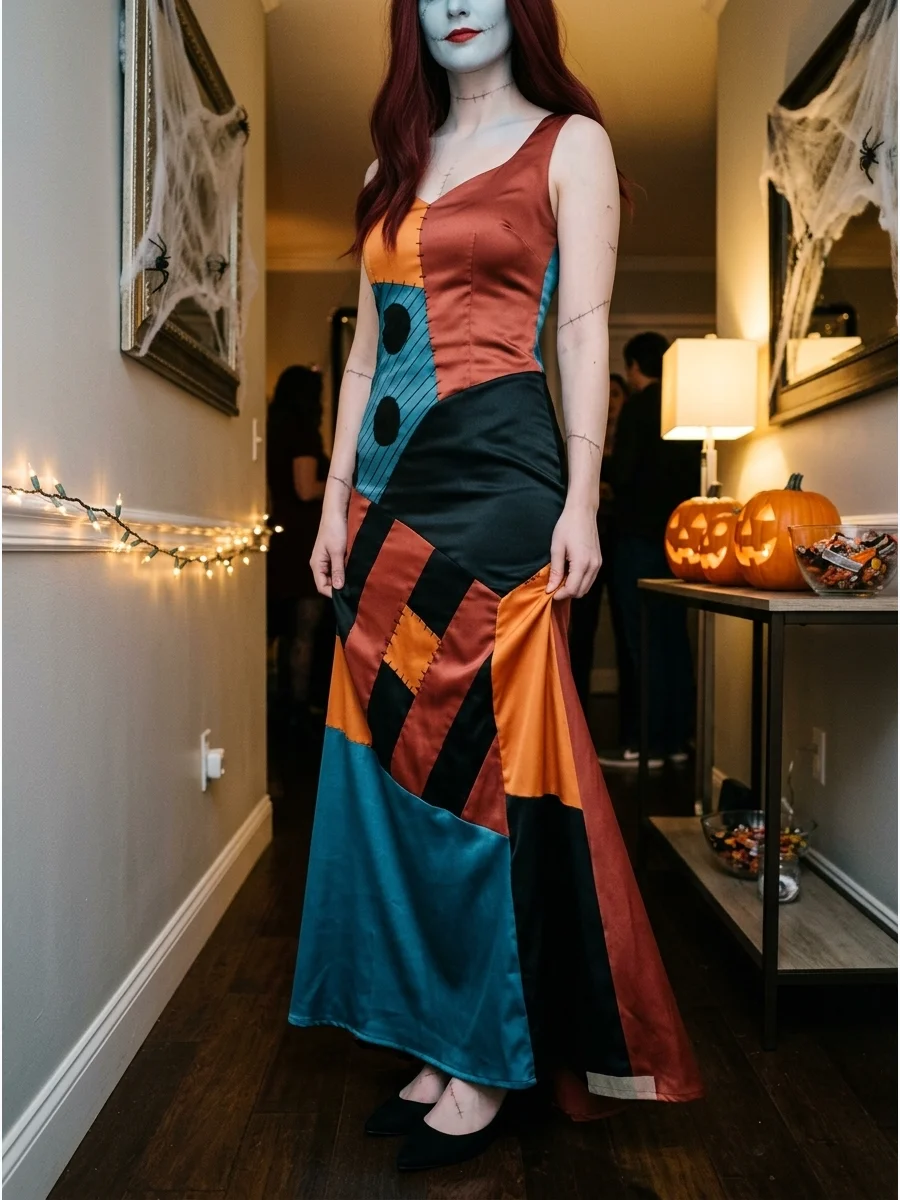 A person in an elegant floor-length satin Sally gown in a hallway.