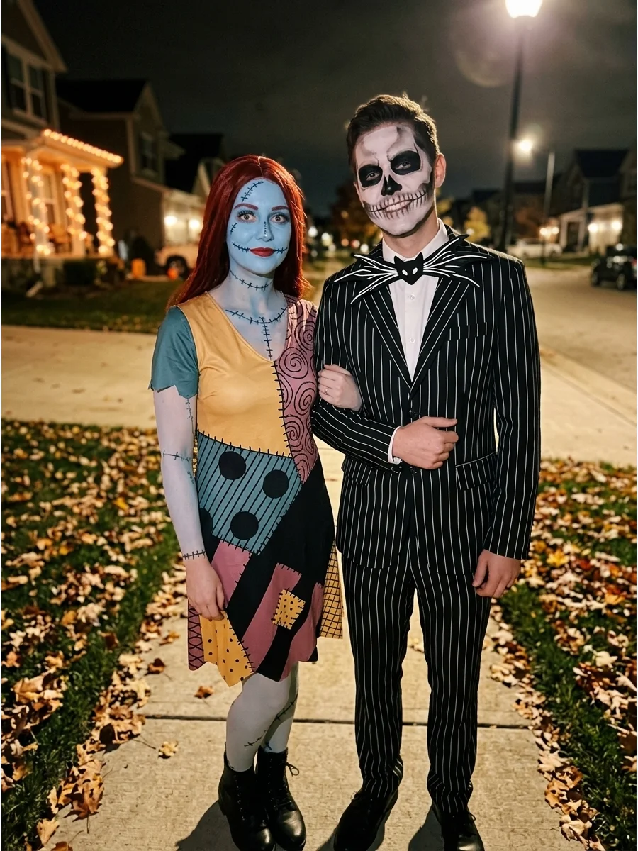 A couple dressed as Sally and Jack Skellington on a sidewalk.