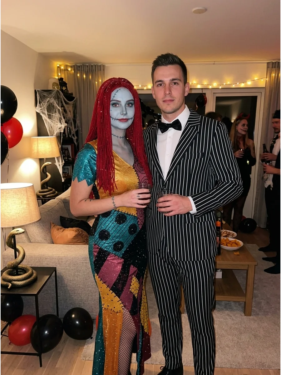 A man and woman in formal Sally and Jack costumes in a living room.