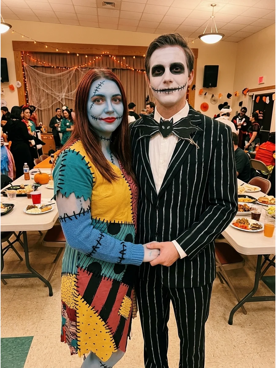 A couple in DIY Sally and Jack costumes at a community event.