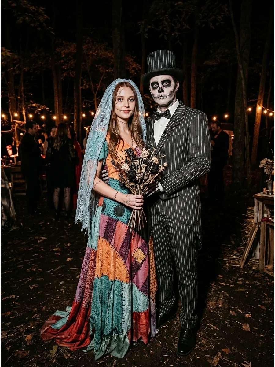 A couple in gothic wedding-inspired Sally and Jack attire in the woods.