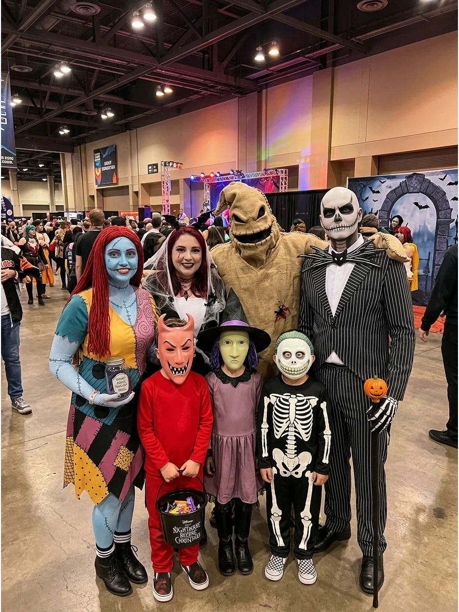 A large group of people in Nightmare Before Christmas costumes.
