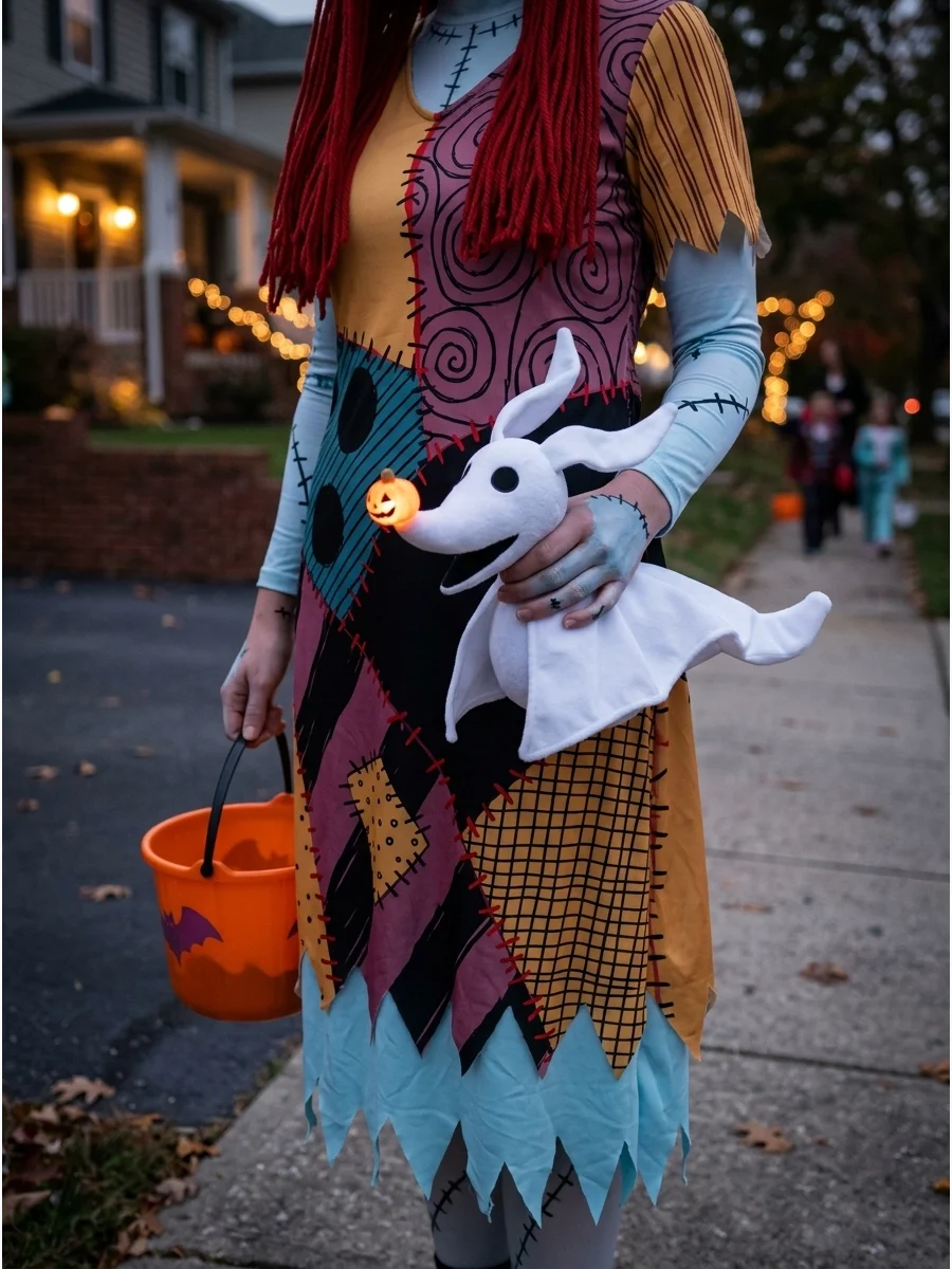 A person in a Sally costume holding a Zero ghost dog plush.