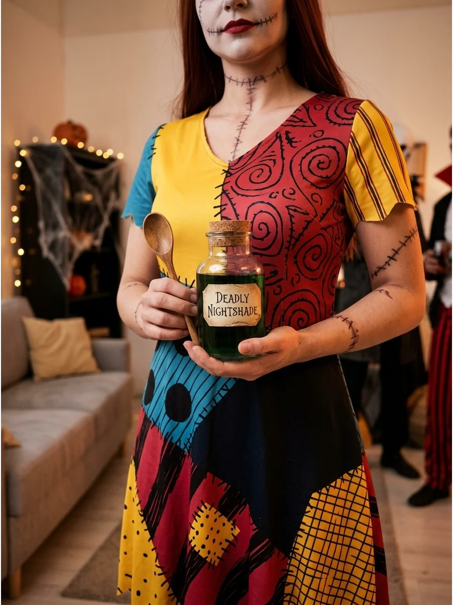 A Sally cosplayer holding a Deadly Nightshade jar prop.