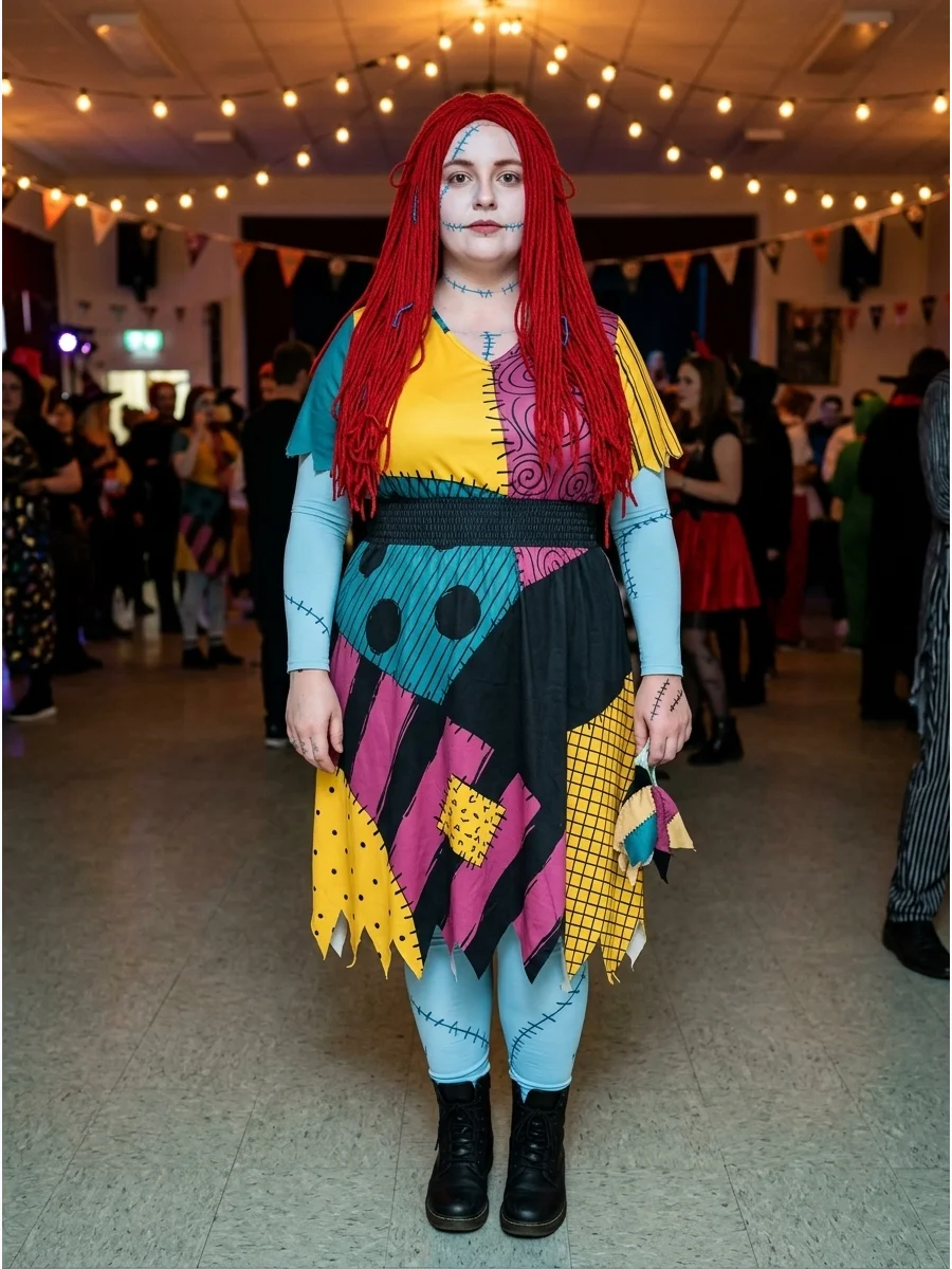 A woman in a plus-size Sally costume at a community event.