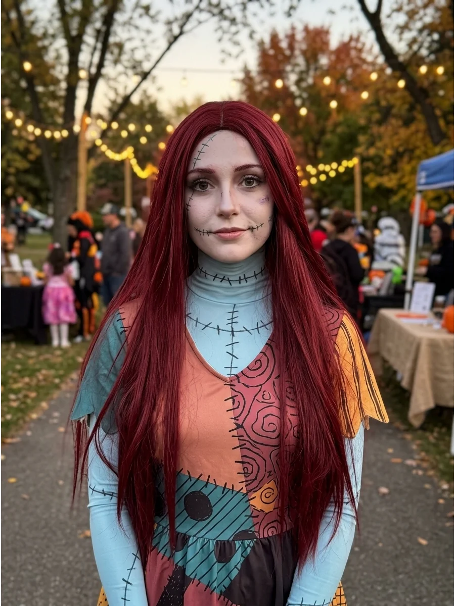A Sally costume featuring a long, straight dark-red wig.