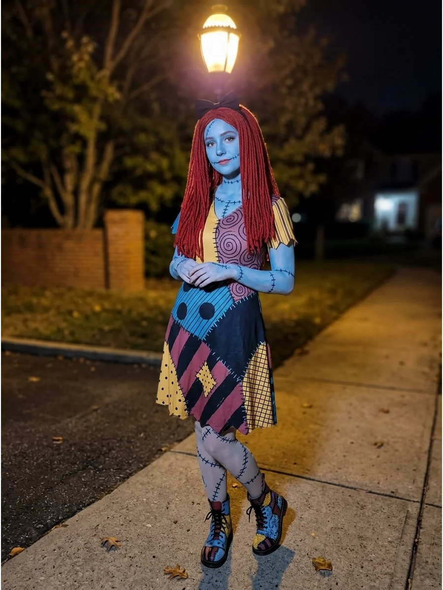 A high-quality Sally cosplay costume under a streetlamp at night.