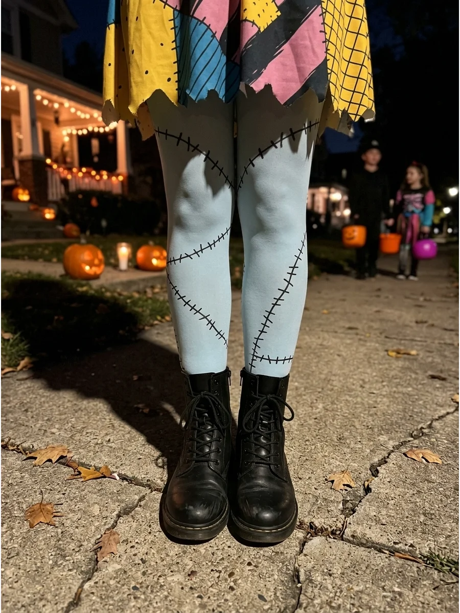 Pale blue tights with black stitch patterns for a Sally costume.