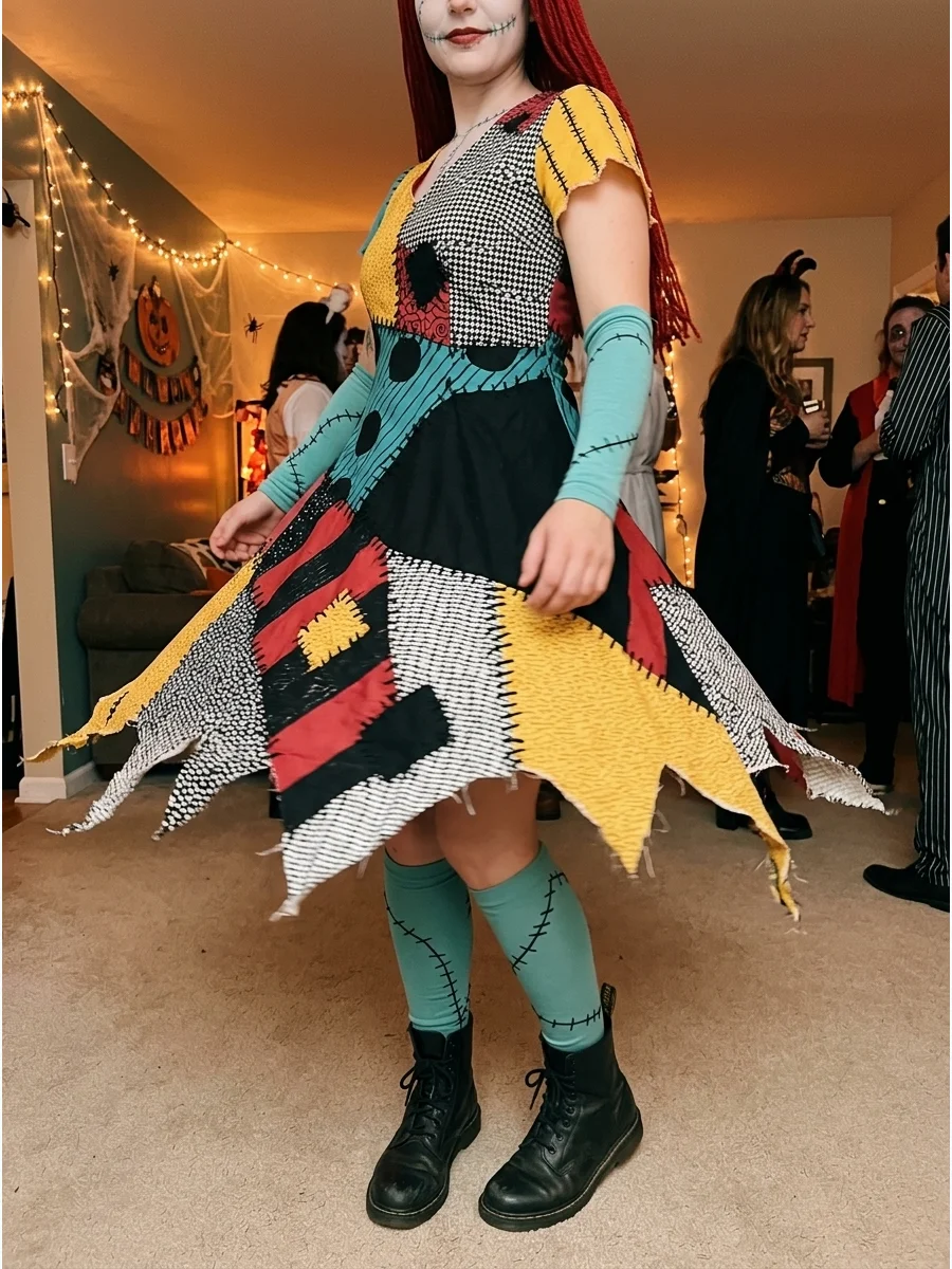 A Sally patchwork dress with an uneven, ragged hemline.