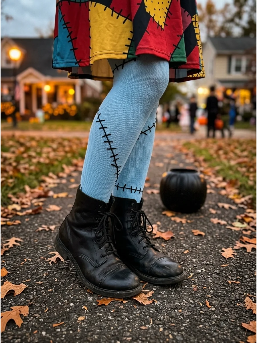 Black ankle boots paired with blue stitched tights for a Sally outfit.