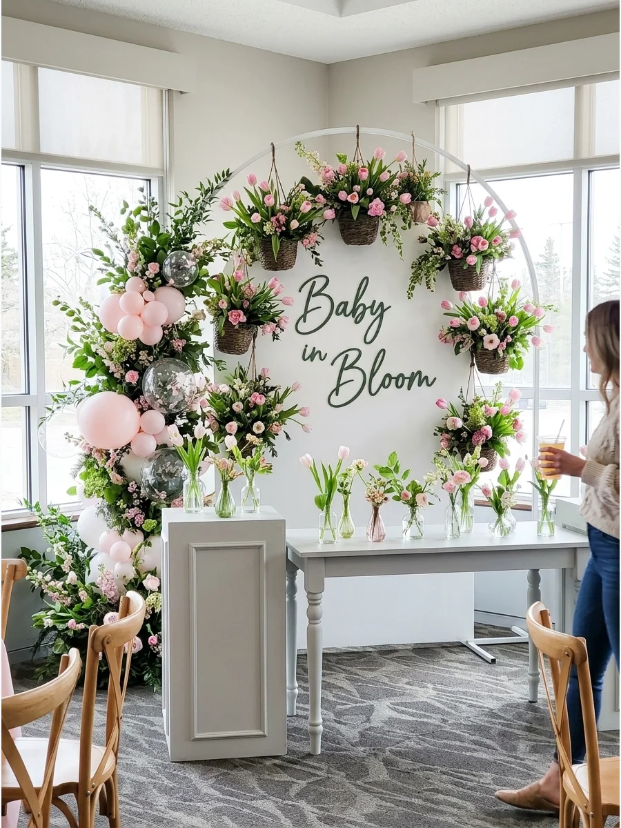 A wooden wall display featuring several wicker baskets filled with fresh pink and white tulips.