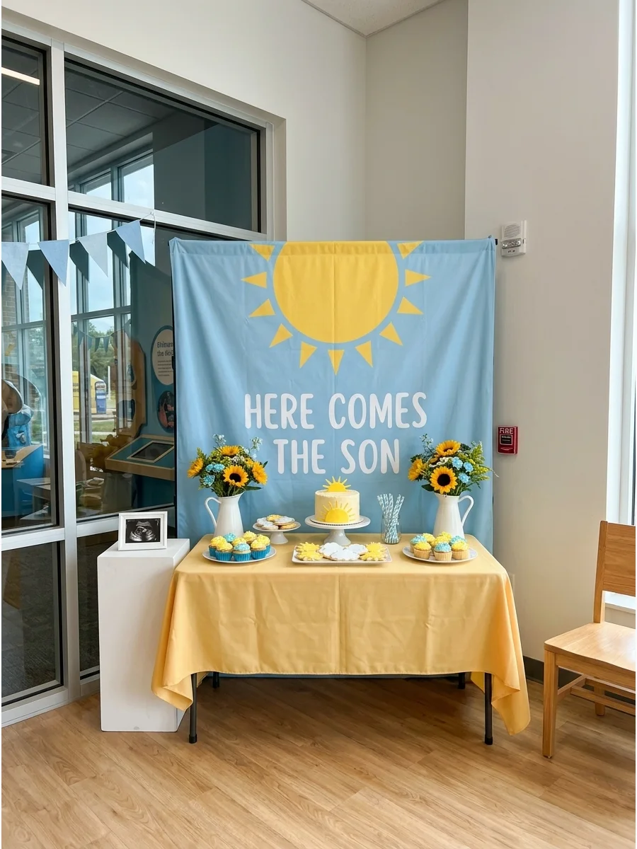 A cheerful party space with a large yellow sun decoration and white vases holding sunflowers.