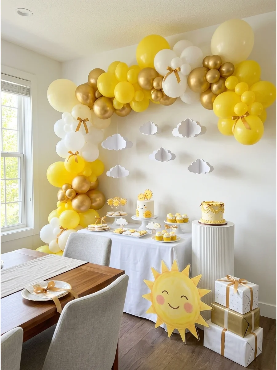 Yellow balloon arch with white paper clouds against a white wall.