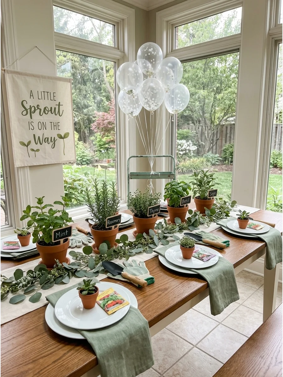 Small terracotta pots with green herbs on a wooden table with sage napkins.