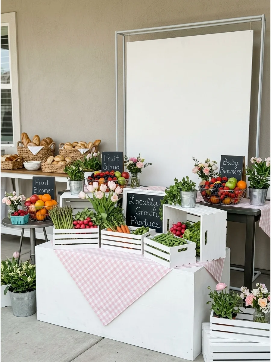 Wooden crates filled with vegetables and flowers on a blue gingham tablecloth.