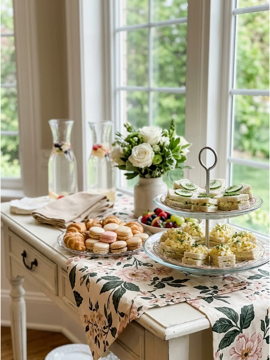 Brunch table with floral linens and tiered food stands by a bright window.