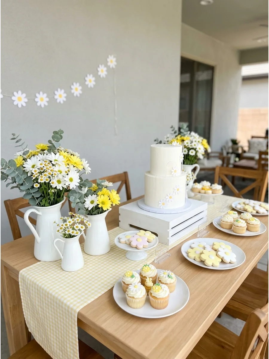 White ceramic pitchers with fresh daisies on a light wood table.