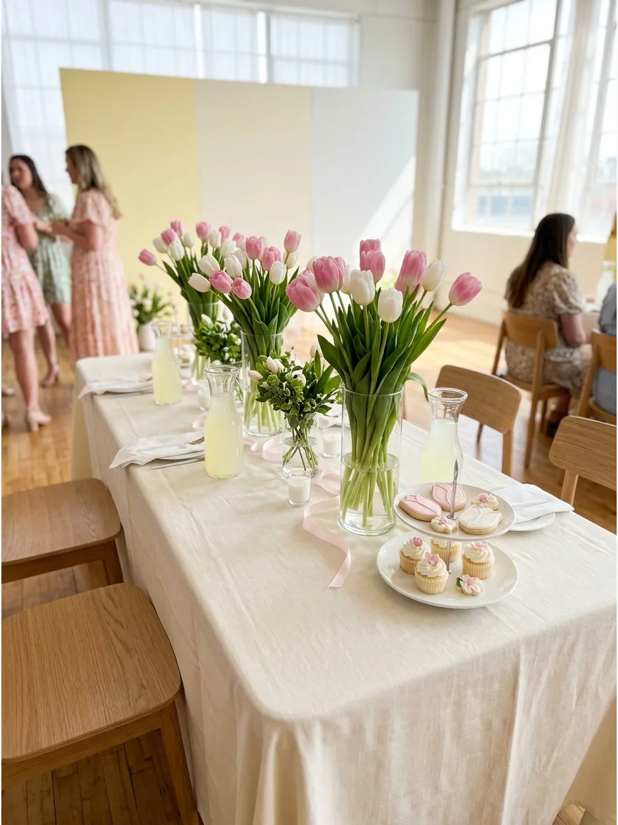 Tall glass vases with pink and white tulips on a cream tablecloth.