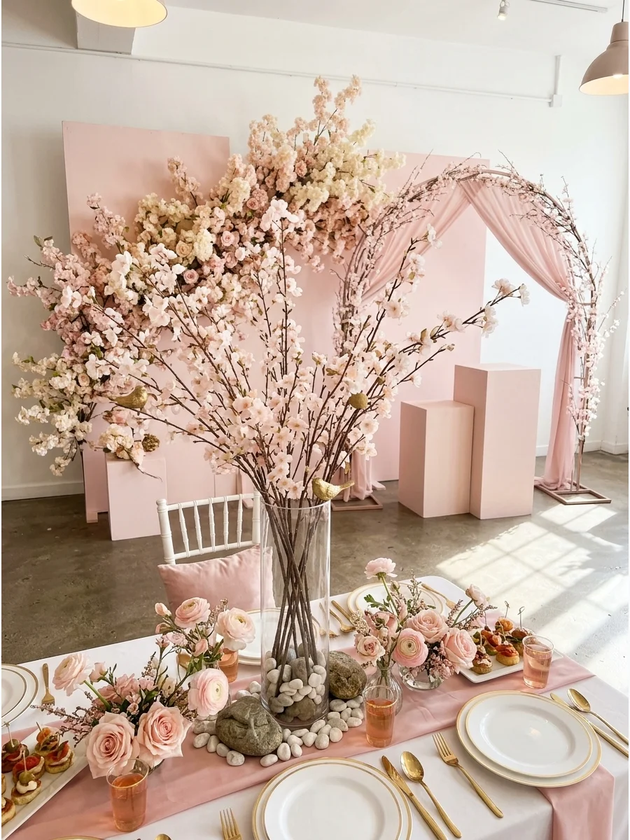 Tall cherry blossom branches in a large vase on a blush pink table runner.