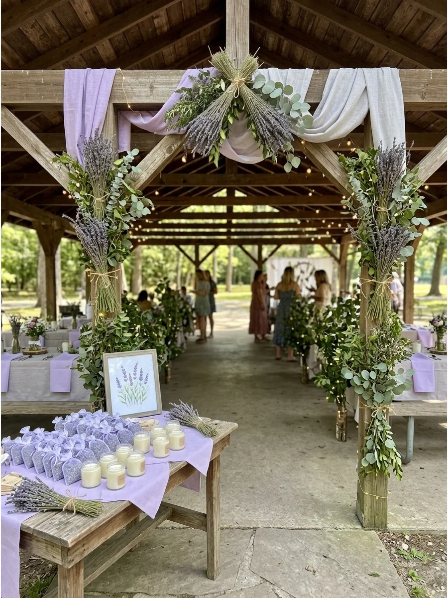 Lavender bundles tied with twine on light purple napkins.