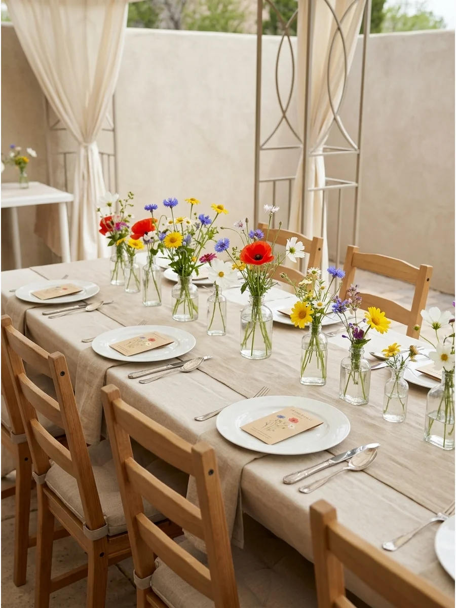 A rustic wooden table set with linen fabric and various small glass vases containing wildflowers.
