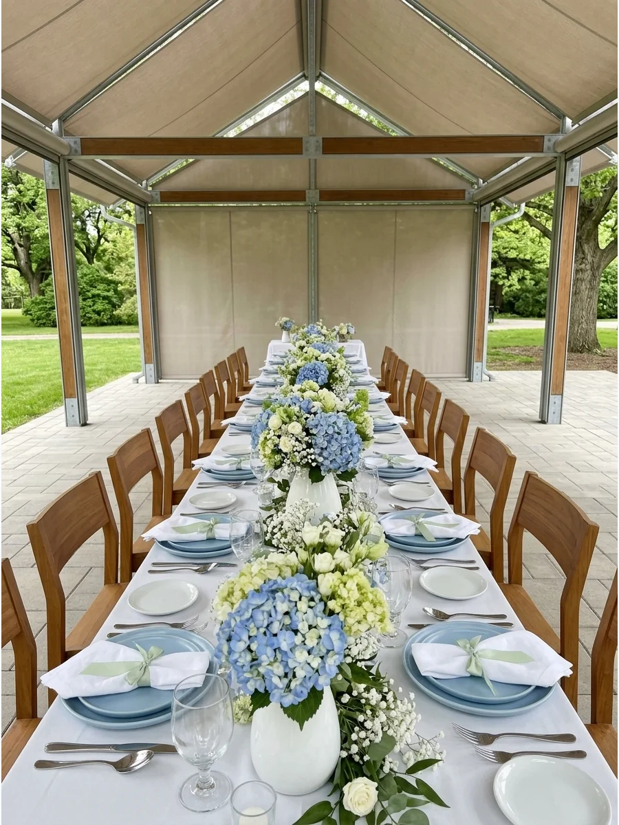 Blue hydrangeas in white vases on a long table with blue plates.