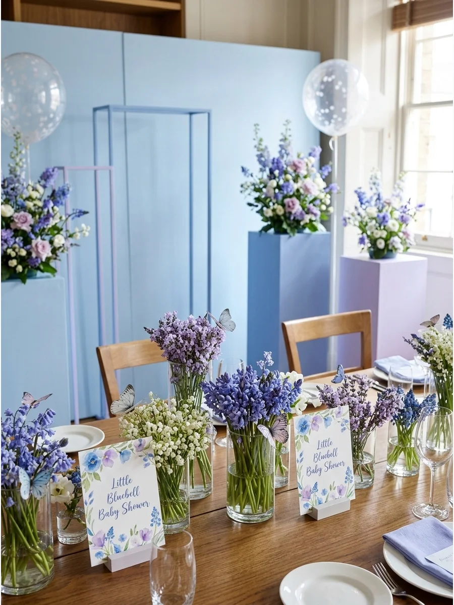 Blue and lavender flowers in glass vases on a wooden table.