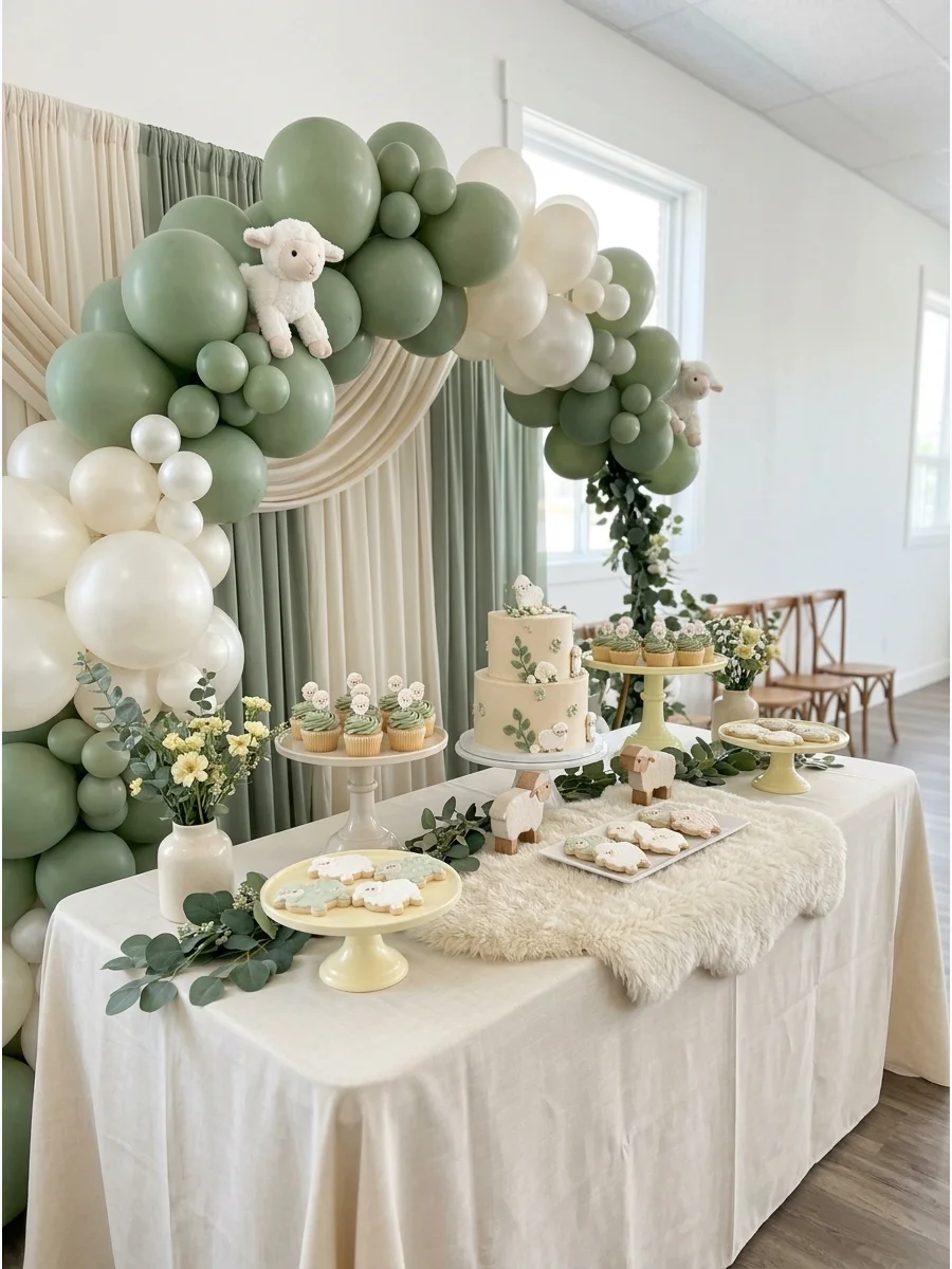 Cream and sage green dessert table with plush lambs and balloons.