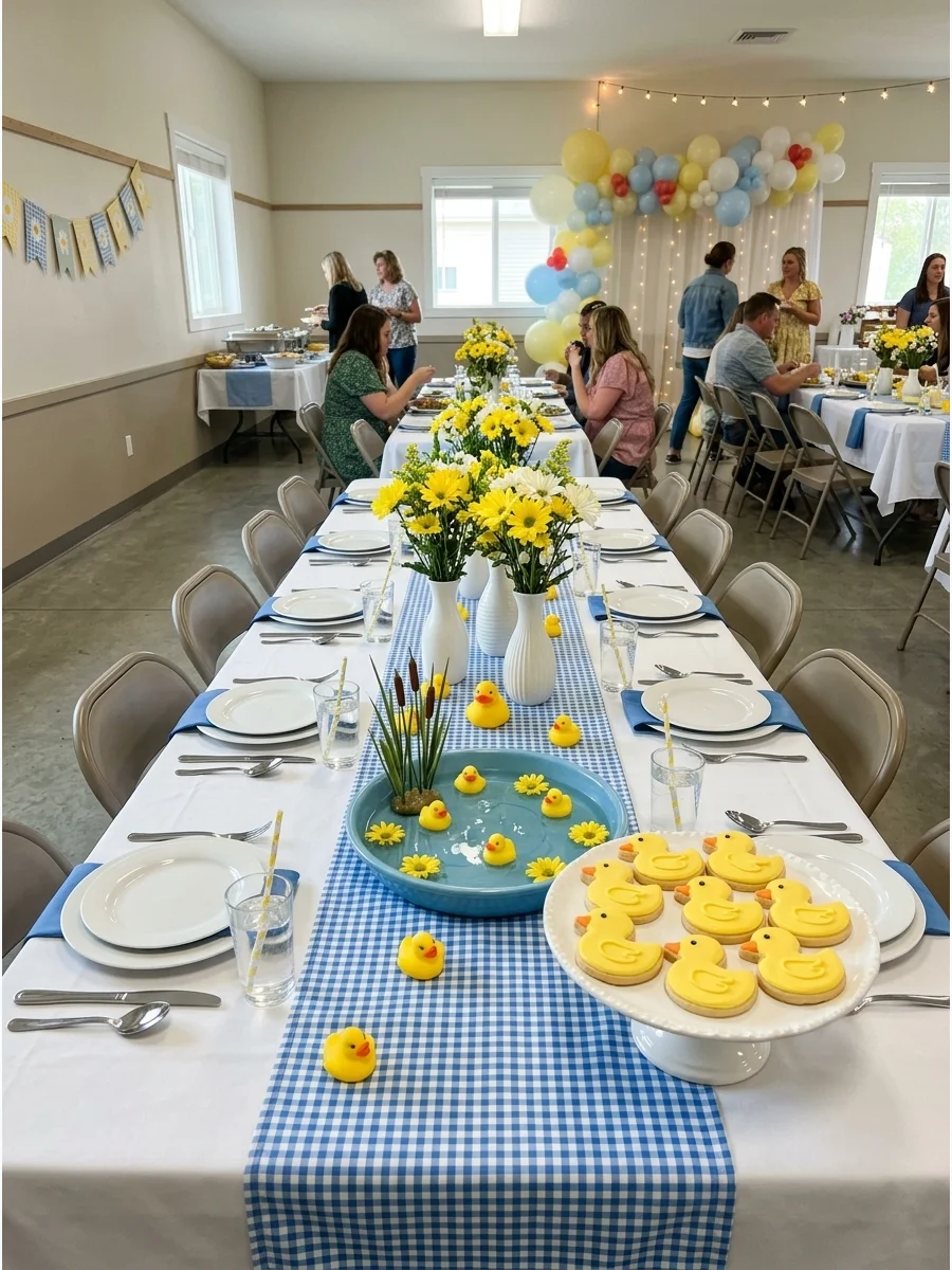 Blue gingham table runner with yellow daisies and duck cookies.