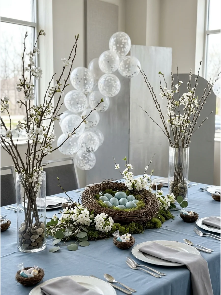 Grapevine nest with blue eggs and moss on a table.