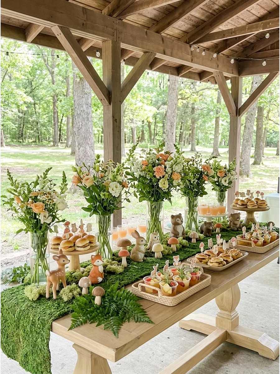 Moss table runner with ceramic animals and peach wildflowers.