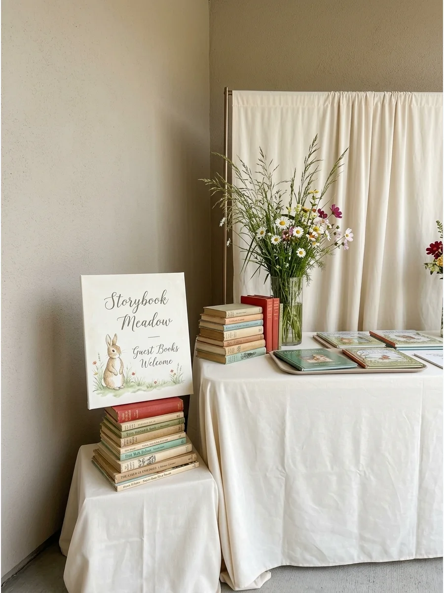 Stack of vintage books with a rabbit sign and wild grass.