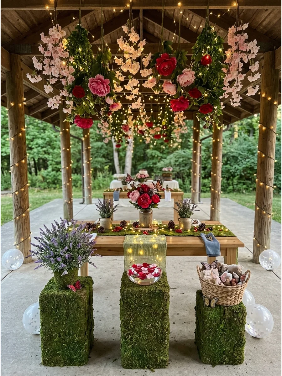 Fairy lights and hanging flowers over moss-covered pedestals.