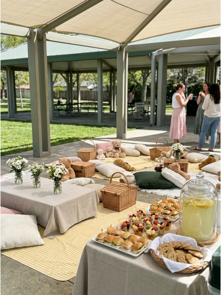Gingham blankets and picnic baskets with teddy bears and daisies.