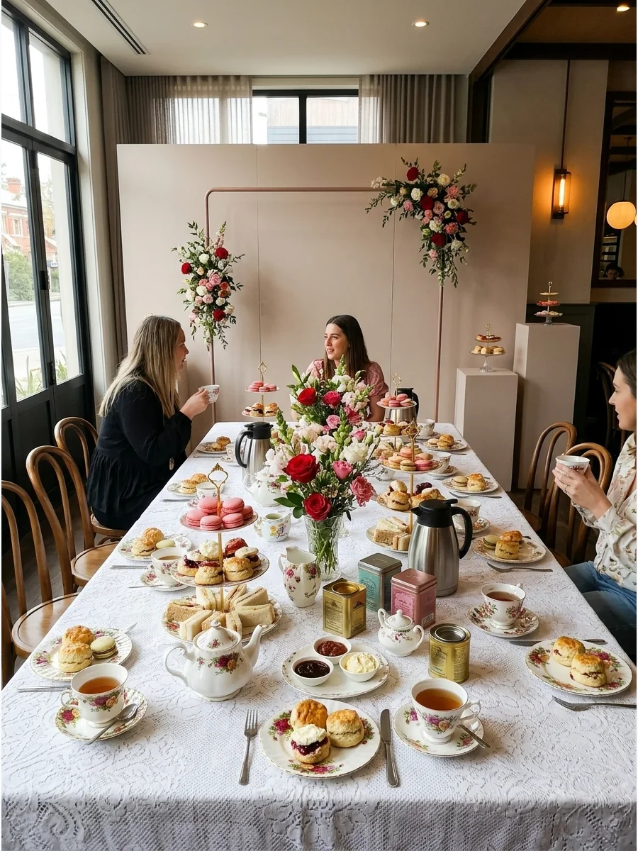 Lace tablecloth with floral teacups and tiered pastry stands.