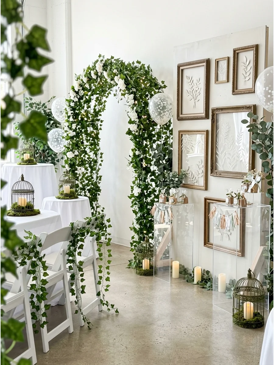 An outdoor garden party setting with white furniture and vintage birdcages used as centerpieces.