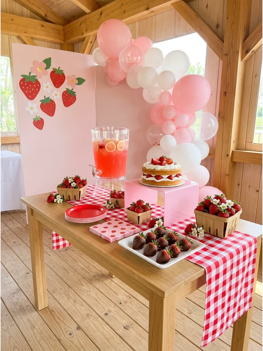A rustic wooden table set with strawberry baskets and red gingham accents.